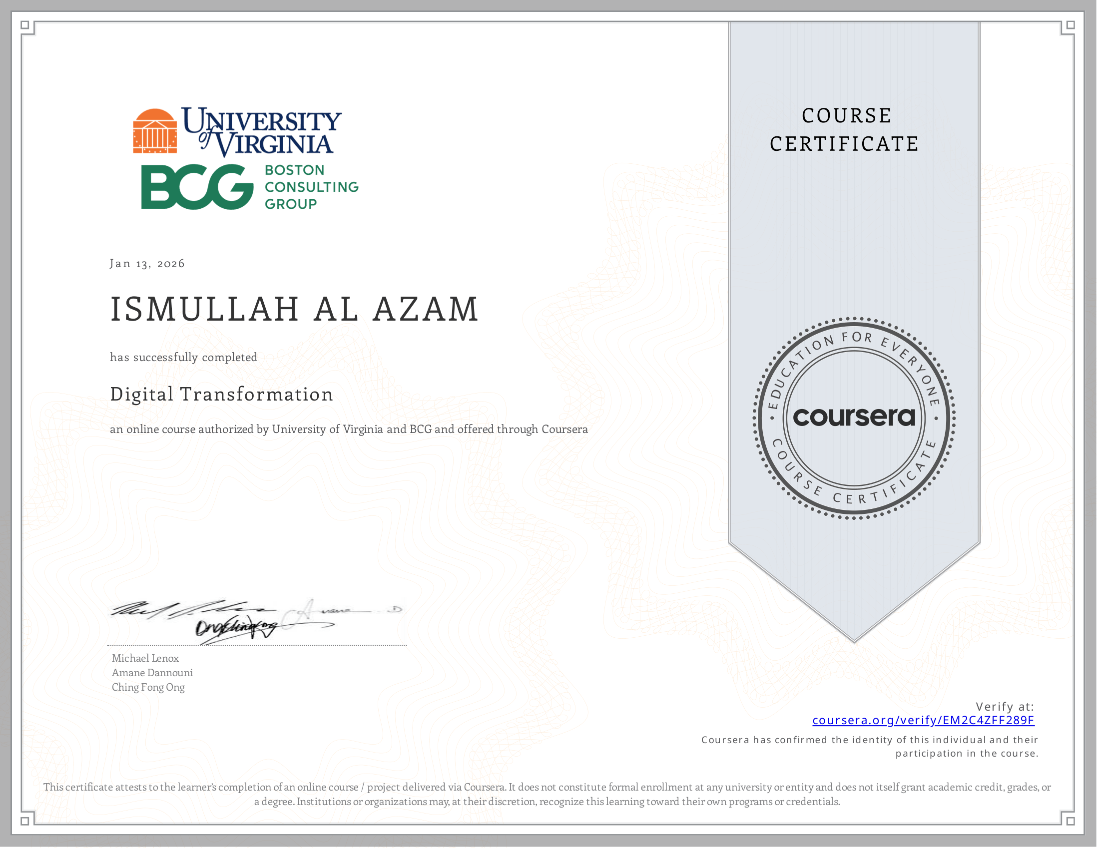 Sertifikat Digital Transformation University of Virginia